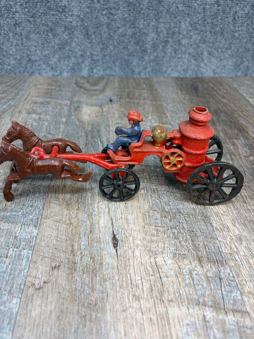 Vintage Cast Iron Horse Drawn Fire Engine Pumper Wagon Toy with Driver